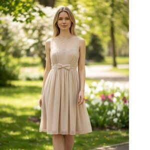 Elana Beau NWT Pleated Bow Waist Dress Beige Sleeveless Midi Luxe‎ Party $220